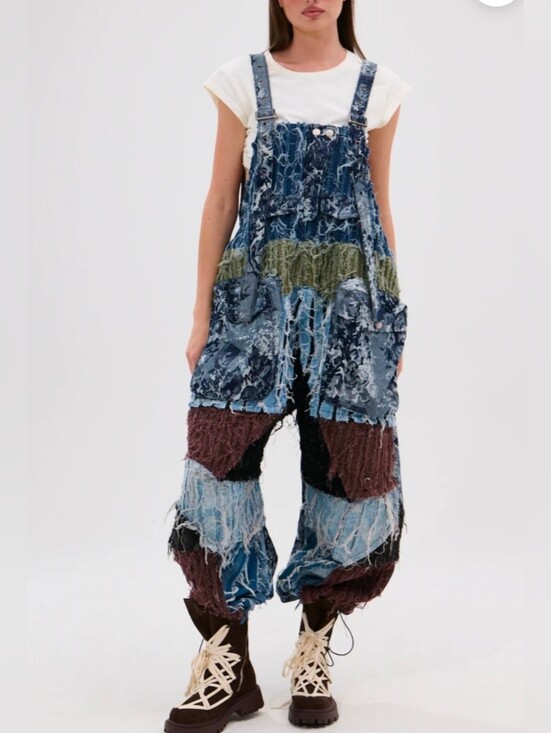 AKIRA Denim - AKIRA Patchwork Denim Overalls in Blue, Brown and Green